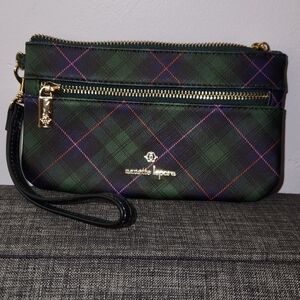 Nanette Lepore Green & Blue Plaid Wristlet Wallet Gold Hardware - NWOT
